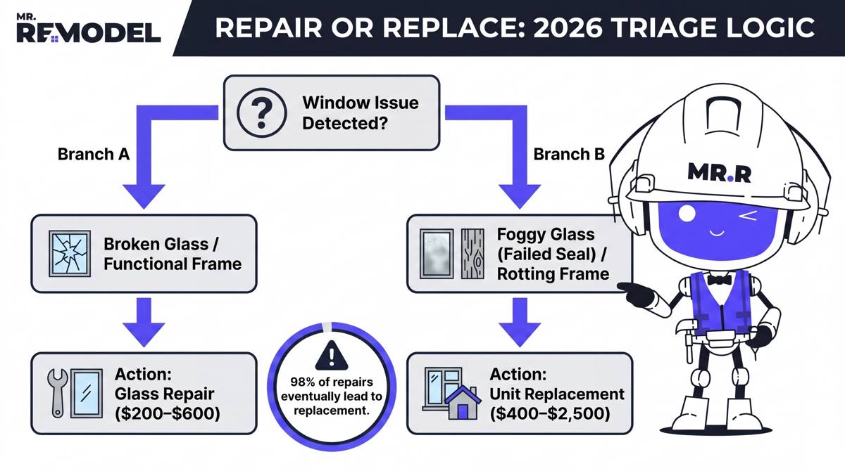 A decision-tree infographic helping homeowners decide between targeted window glass repair and full-unit replacement based on the type of failure.